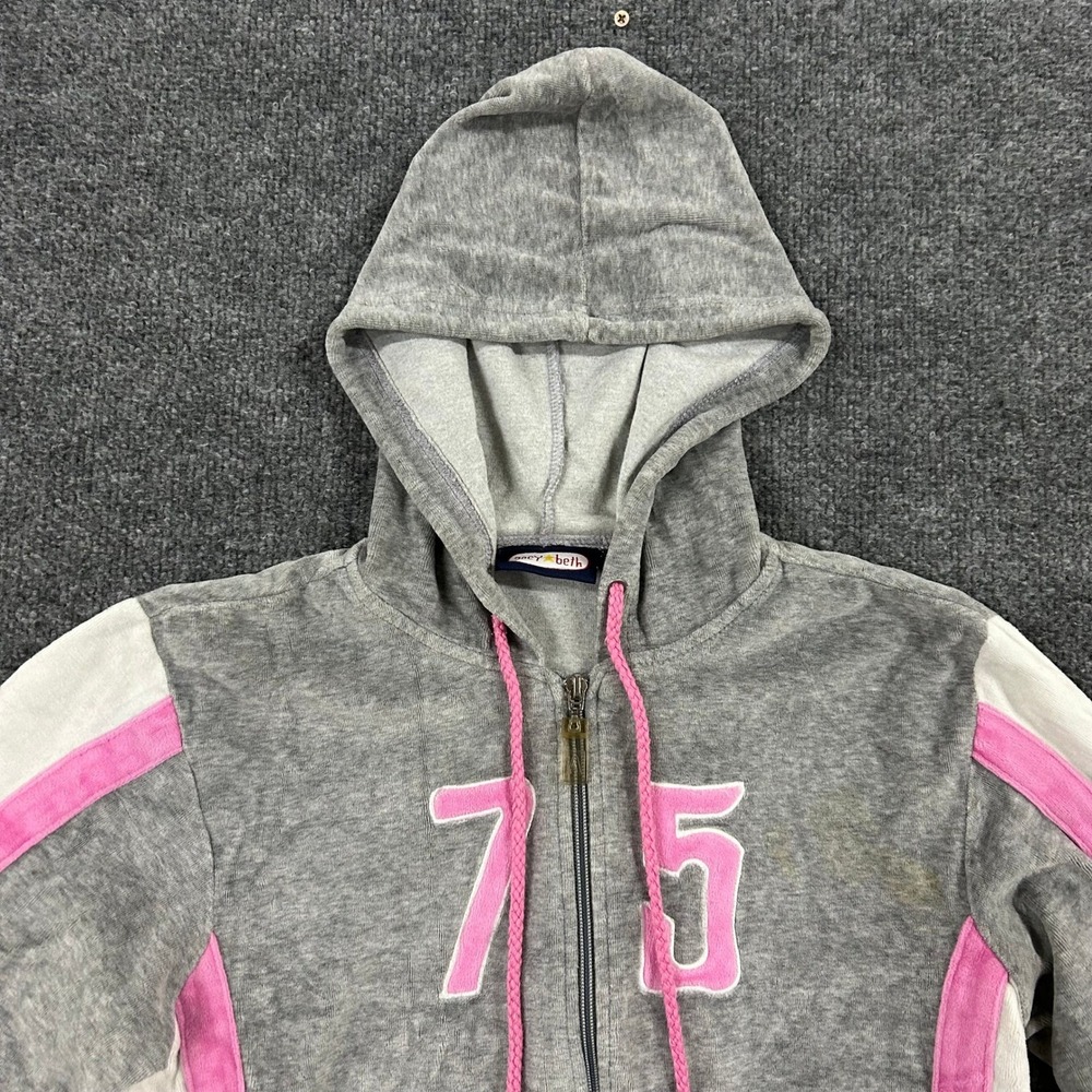 Zoey Beth Hoodie Womens Size M Grey Pink Velour Y2K Zip Up Russia 75 Stains